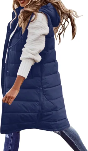 Women's Long Vest Sleeveless Lightweight Puffer Jacket Packable Hooded Down Soft Coat Quilted with Hood Winter