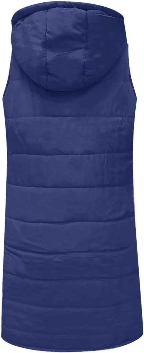 Women's Long Vest Sleeveless Lightweight Puffer Jacket Packable Hooded Down Soft Coat Quilted with Hood Winter