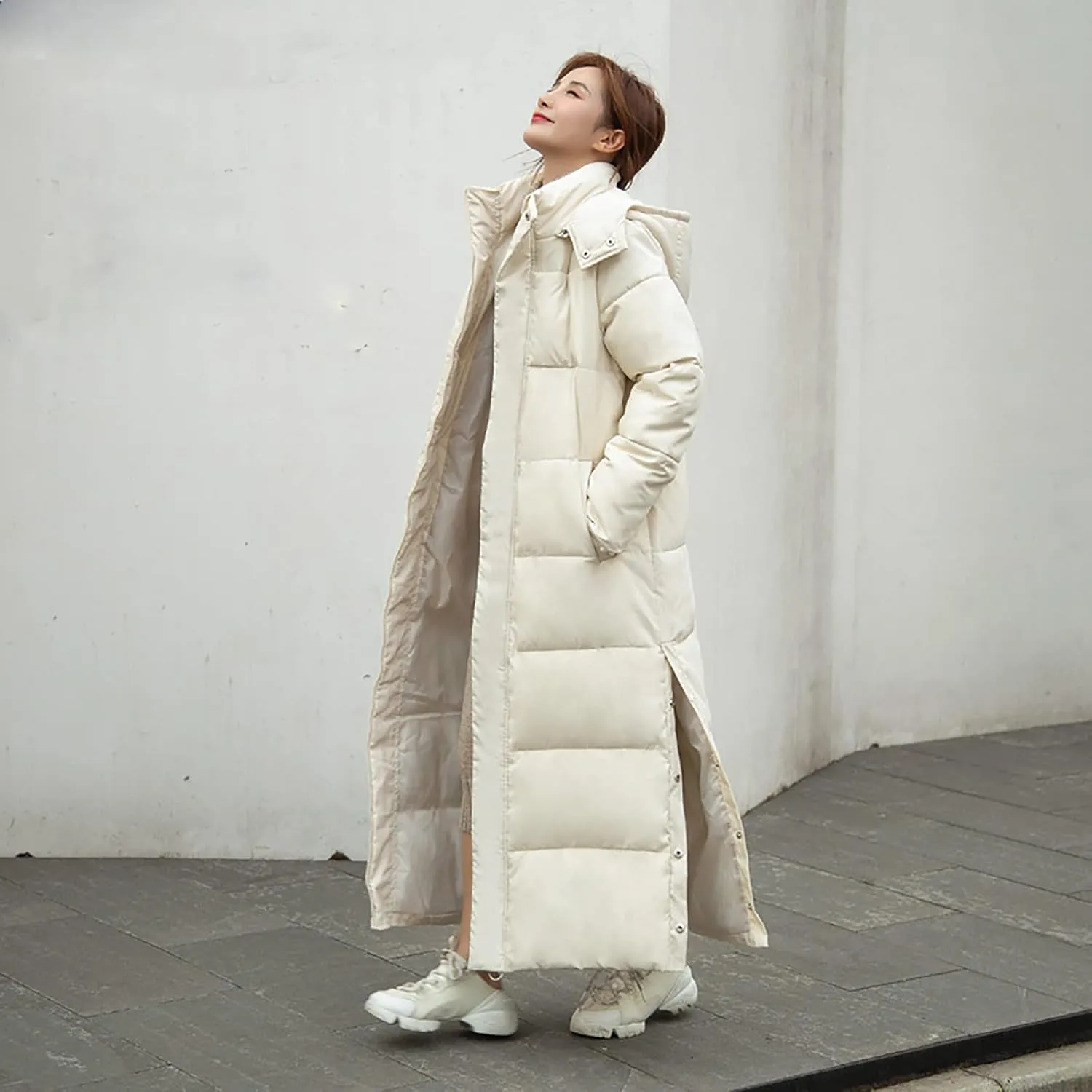 Women's Maxi Down Jackets Ankle Length Stylish Windbreaker Quilted Puffer Coat Windproof Outwear with Detachable Hood