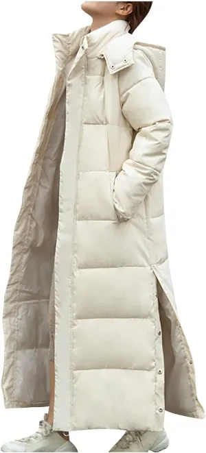 Women's Maxi Down Jackets Ankle Length Stylish Windbreaker Quilted Puffer Coat Windproof Outwear with Detachable Hood