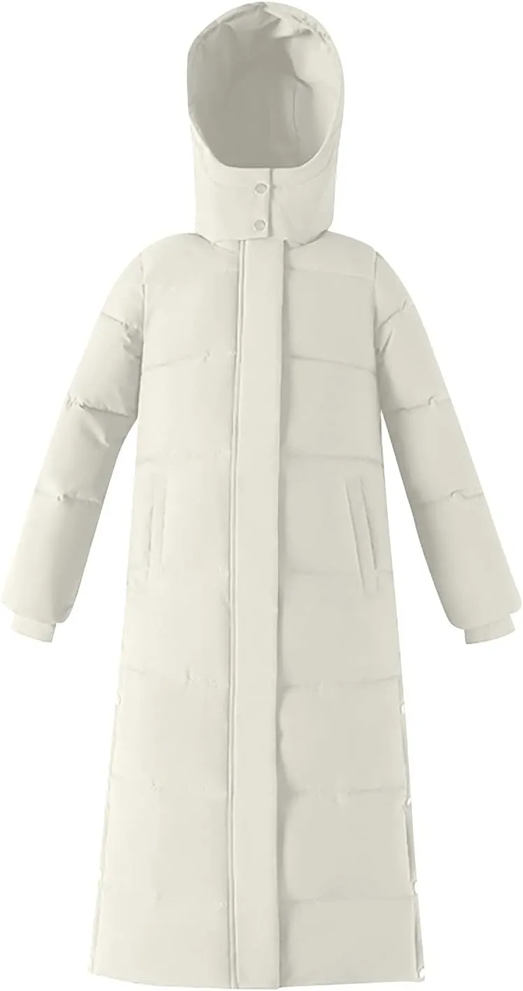 Women's Maxi Down Jackets Ankle Length Stylish Windbreaker Quilted Puffer Coat Windproof Outwear with Detachable Hood