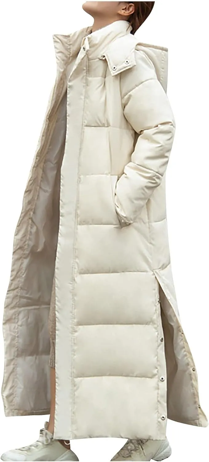 Women's Maxi Down Jackets Ankle Length Stylish Windbreaker Quilted Puffer Coat Windproof Outwear with Detachable Hood