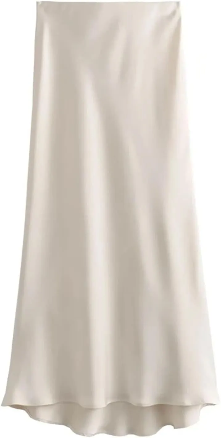 Women's Midi Skirts Vintage Office Side Zipper Satin Solid A-Line Formal Wedding Skirt