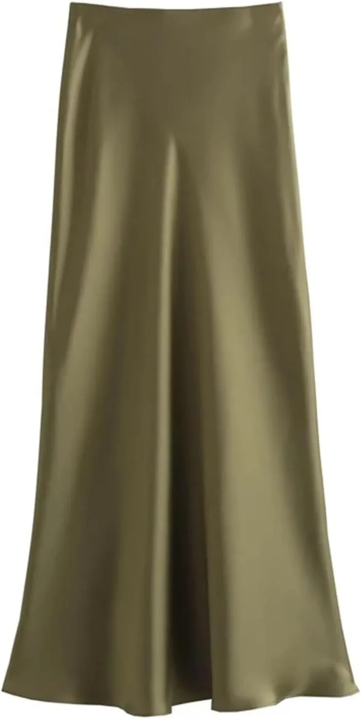 Women's Midi Skirts Vintage Office Side Zipper Satin Solid A-Line Formal Wedding Skirt