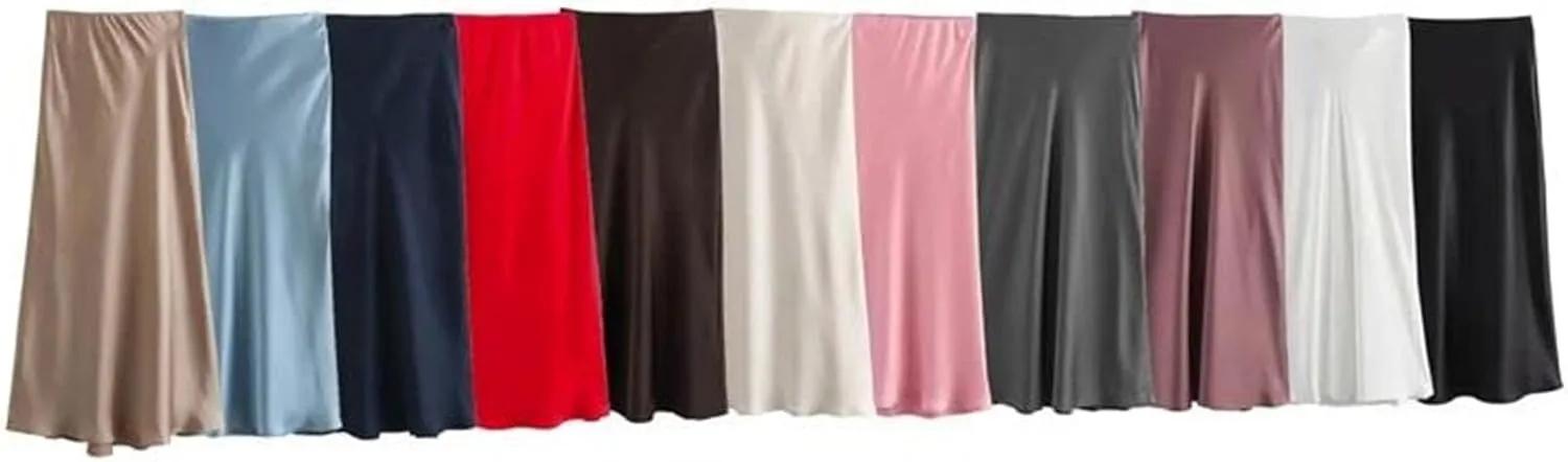 Women's Midi Skirts Vintage Office Side Zipper Satin Solid A-Line Formal Wedding Skirt