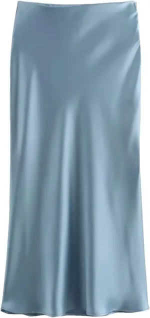 Women's Midi Skirts Vintage Office Side Zipper Satin Solid A-Line Formal Wedding Skirt