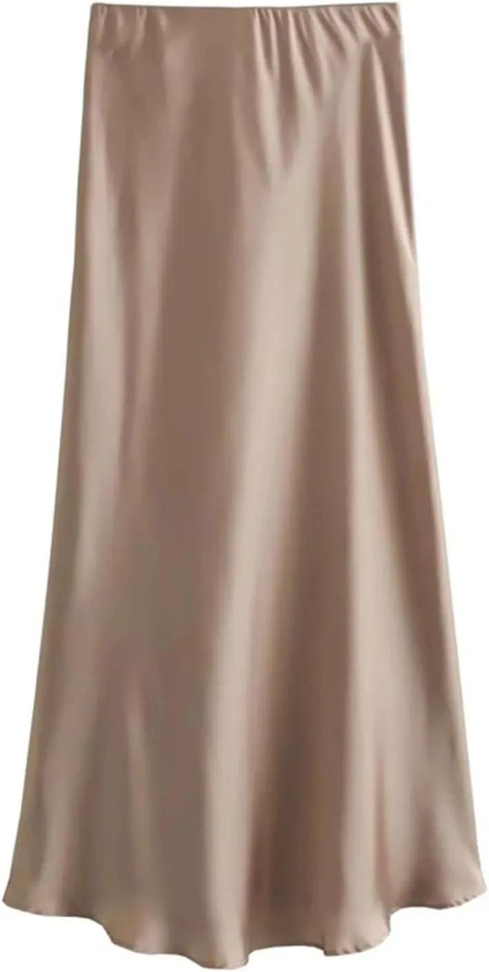 Women's Midi Skirts Vintage Office Side Zipper Satin Solid A-Line Formal Wedding Skirt