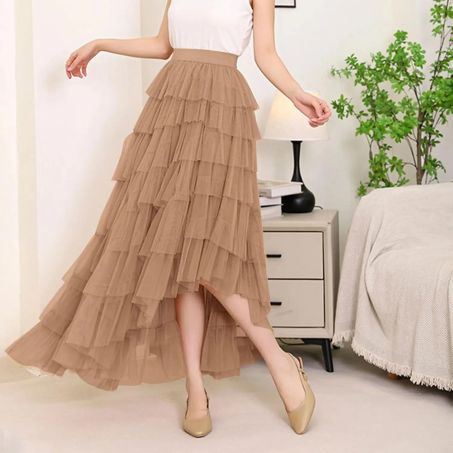 Women's Midi Skirts Vintage Party A-Line Irregular High Waist Cocktail Wedding Flared Skirt