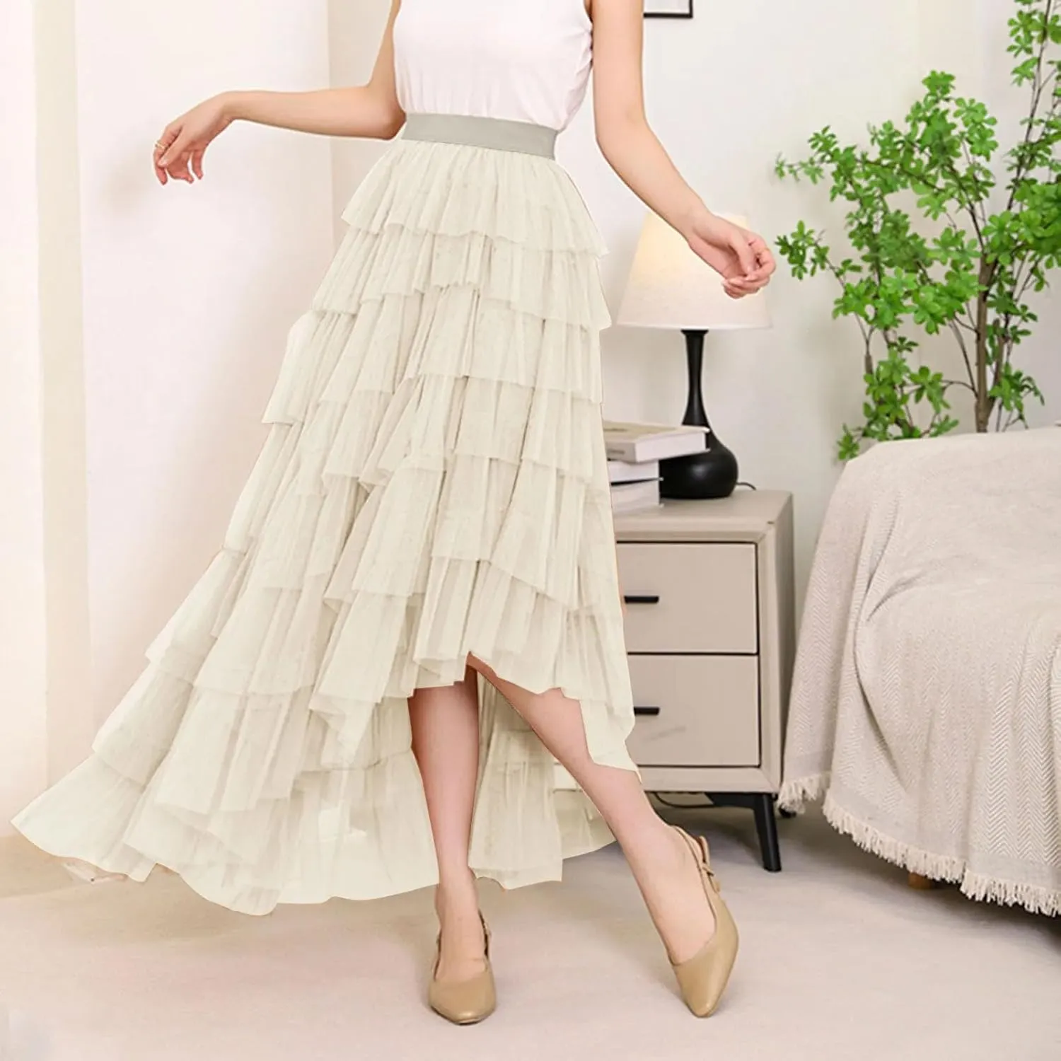 Women's Midi Skirts Vintage Party A-Line Irregular High Waist Cocktail Wedding Flared Skirt