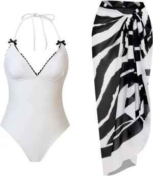 Women's One Piece Swimsuit with Long Skirt Cover Up Two Piece Bathing Suit Wrap Sarong Swimsuit Summer Beach Clothes