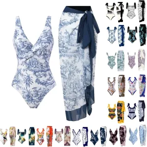 Womens One Piece Swimsuits Tummy Control Bikini Set with Wrap Sarong Skirt Retro Floral Sexy Bathing Suits Beach Swim Suit