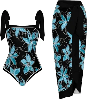 Womens One Piece Swimsuits Tummy Control Bikini Set with Wrap Sarong Skirt Retro Floral Sexy Bathing Suits Beach Swim Suit
