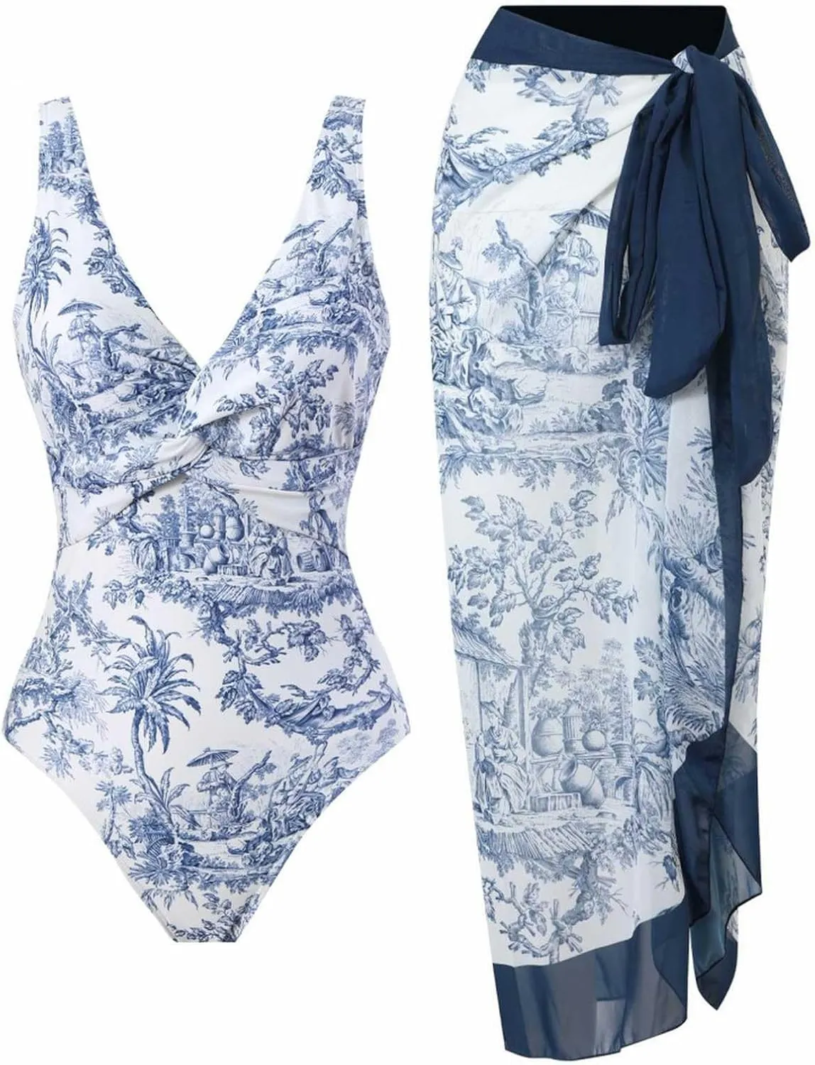 Womens One Piece Swimsuits Tummy Control Bikini Set with Wrap Sarong Skirt Retro Floral Sexy Bathing Suits Beach Swim Suit