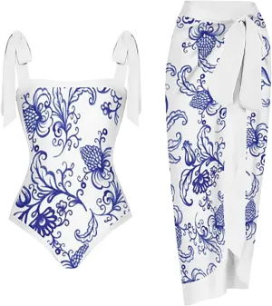 Womens One Piece Swimsuits Tummy Control Bikini Set with Wrap Sarong Skirt Retro Floral Sexy Bathing Suits Beach Swim Suit