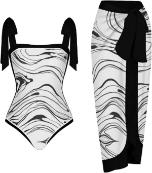 Womens One Piece Swimsuits Tummy Control Bikini Set with Wrap Sarong Skirt Retro Floral Sexy Bathing Suits Beach Swim Suit