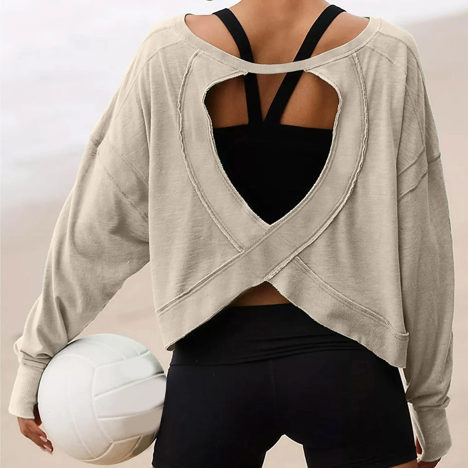 Womens Open Back Workout Tops Backless Long Sleeve Athletic Shirt Casual Summer Loose Running Crop Top Gym Yoga Tee