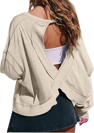 Womens Open Back Workout Tops Backless Long Sleeve Athletic Shirt Casual Summer Loose Running Crop Top Gym Yoga Tee