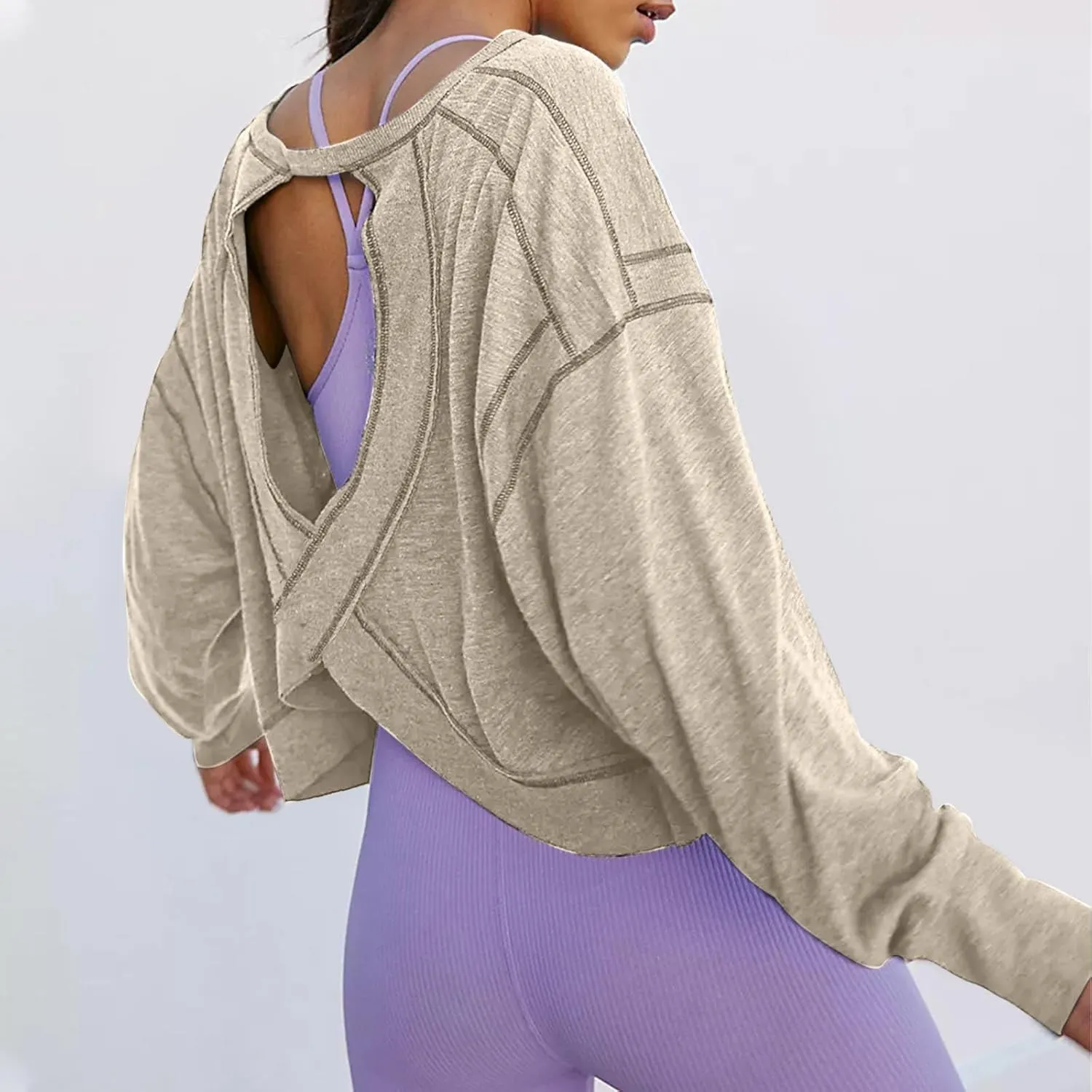 Womens Open Back Workout Tops Backless Long Sleeve Athletic Shirt Casual Summer Loose Running Crop Top Gym Yoga Tee