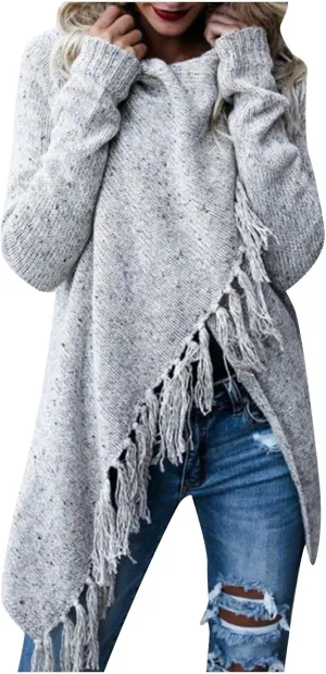 Womens Open Front Knitted Tassels Slash Loose Cardigan Fall Fashion Crew Neck Cover Up Soft Sweater Outwear Cloak