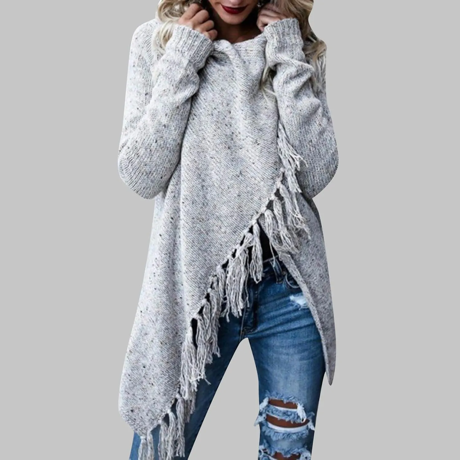Womens Open Front Knitted Tassels Slash Loose Cardigan Fall Fashion Crew Neck Cover Up Soft Sweater Outwear Cloak