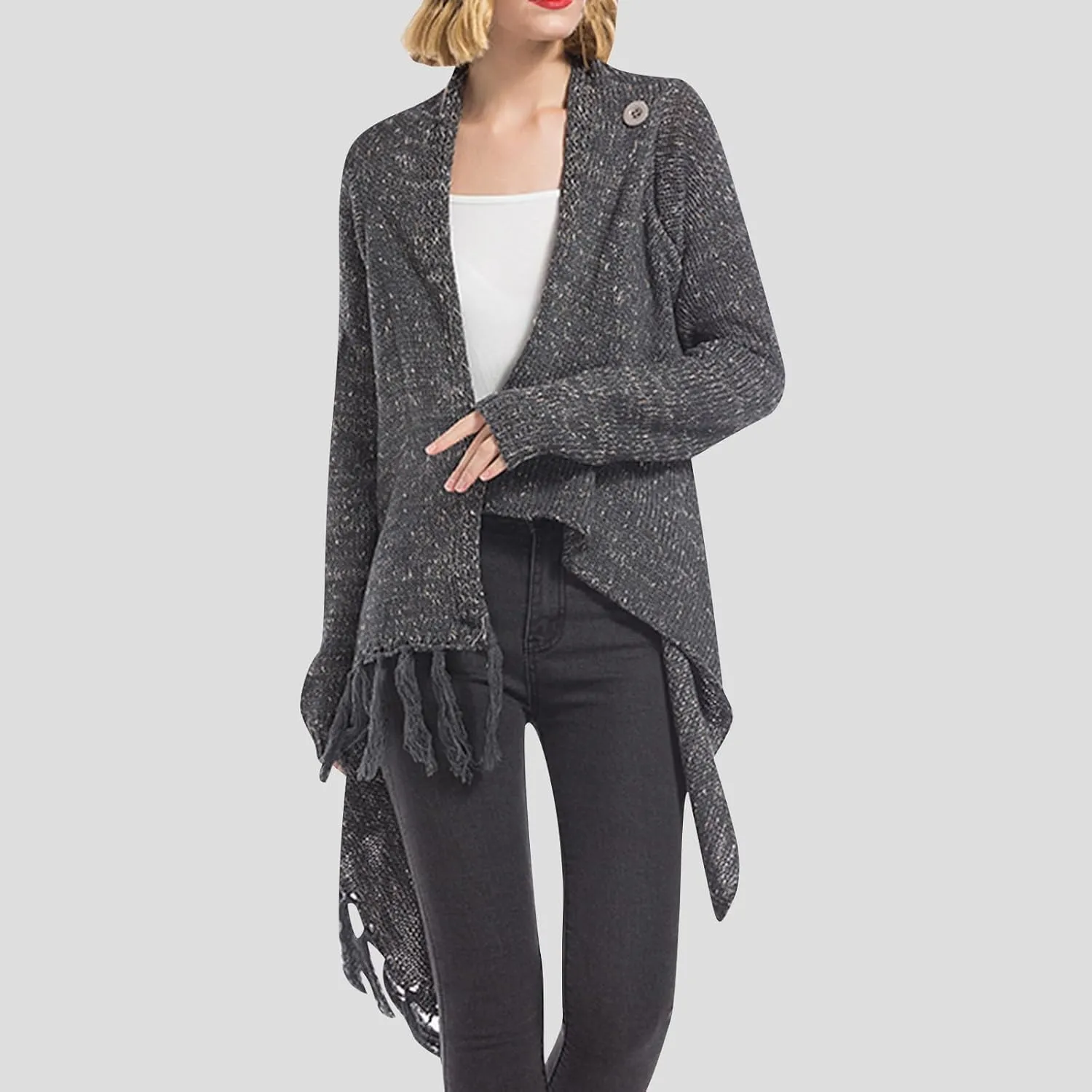 Womens Open Front Knitted Tassels Slash Loose Cardigan Fall Fashion Crew Neck Cover Up Soft Sweater Outwear Cloak