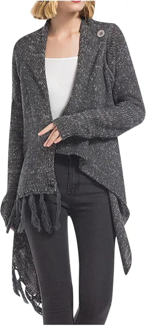 Womens Open Front Knitted Tassels Slash Loose Cardigan Fall Fashion Crew Neck Cover Up Soft Sweater Outwear Cloak