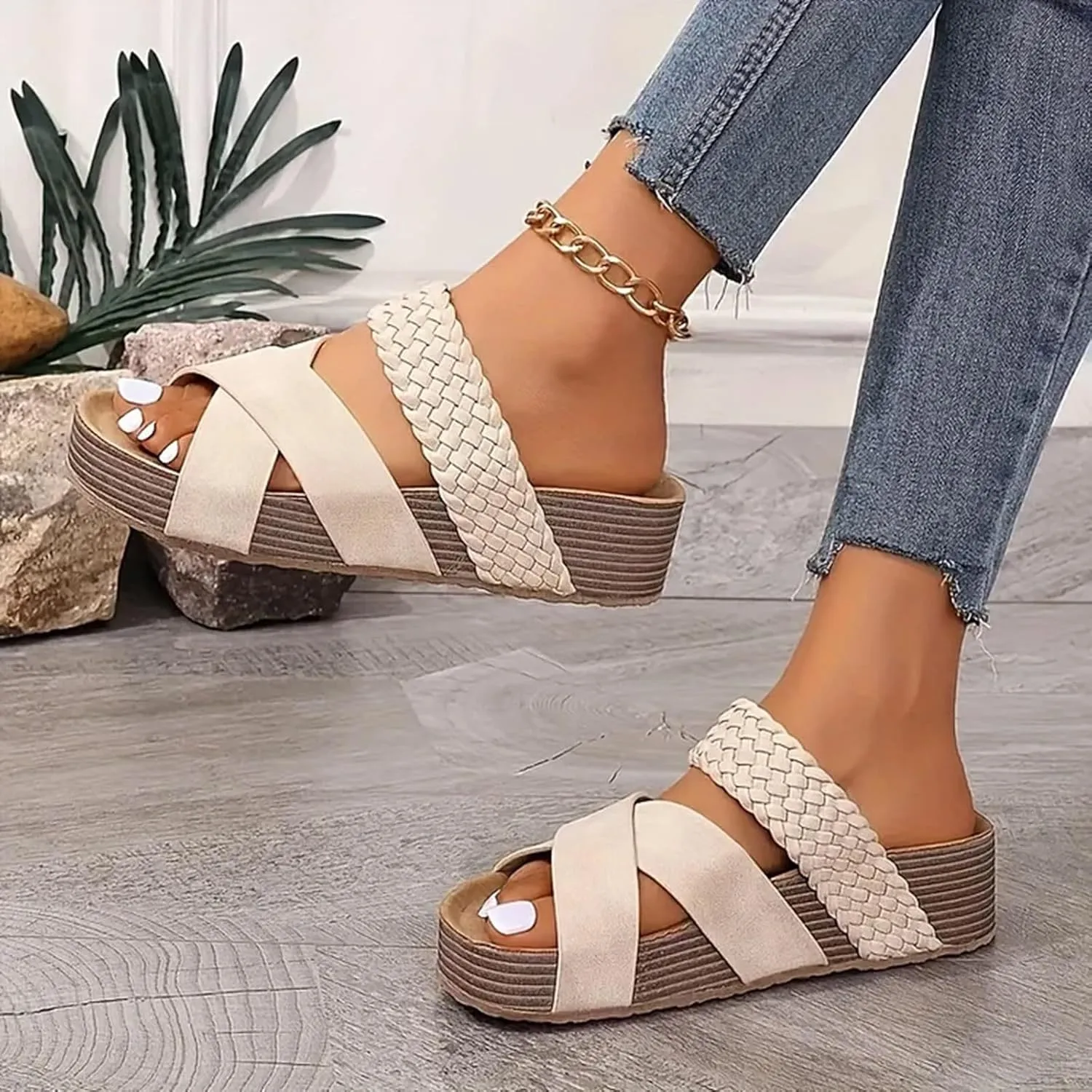 Women's Orthopedic Platform Wedge Sandals with Arch Support Thick Sole Hollow Walking Outdoor Casual Slippers Summer Fashionable Comfortable Slip On Dressy Sandals