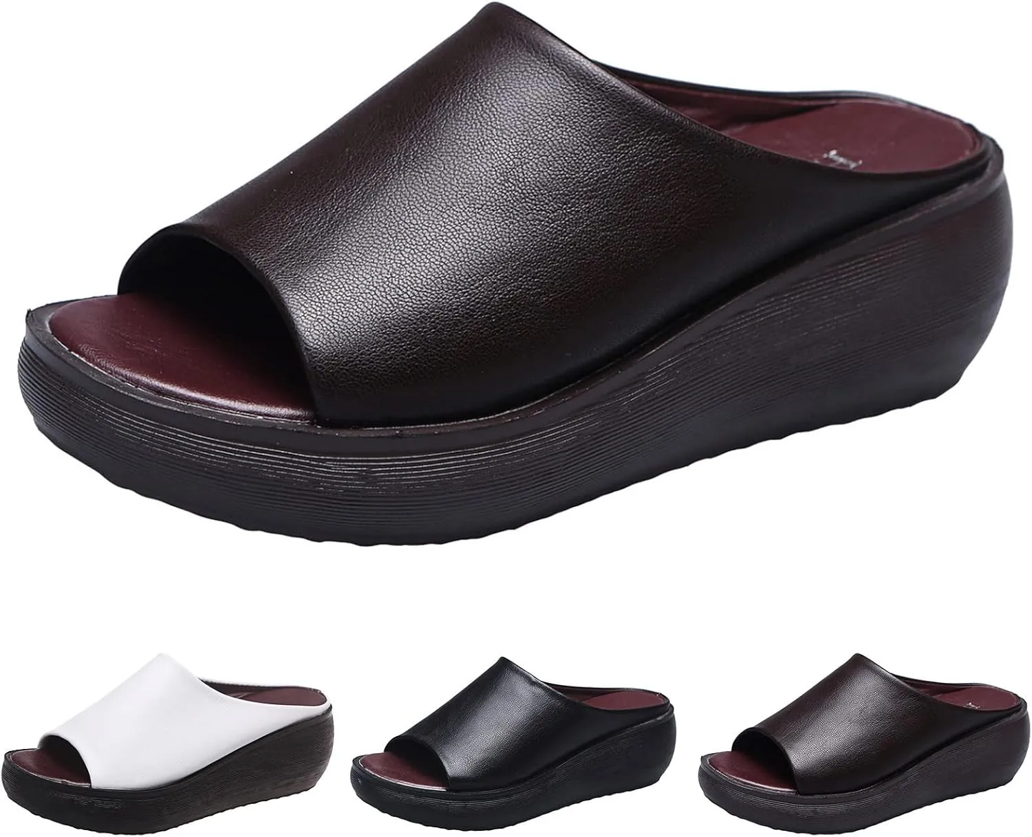 Women's Orthopedic Sandals 2025 Orthotic Leather Wedges Slides Open Toe Soft Sole Casual Slip On Platform Wedges Slippers with Arch Support Comfortable Beach Casual Fashion Shoes