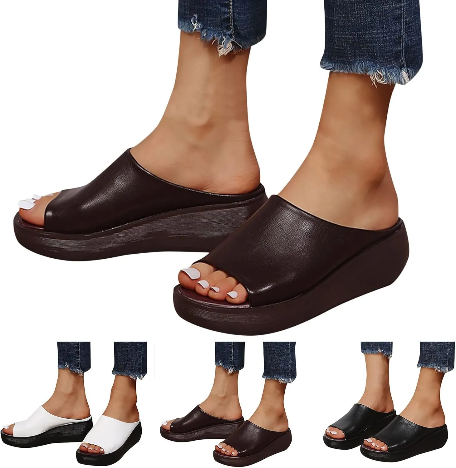 Women's Orthopedic Sandals 2025 Orthotic Leather Wedges Slides Open Toe Soft Sole Casual Slip On Platform Wedges Slippers with Arch Support Comfortable Beach Casual Fashion Shoes
