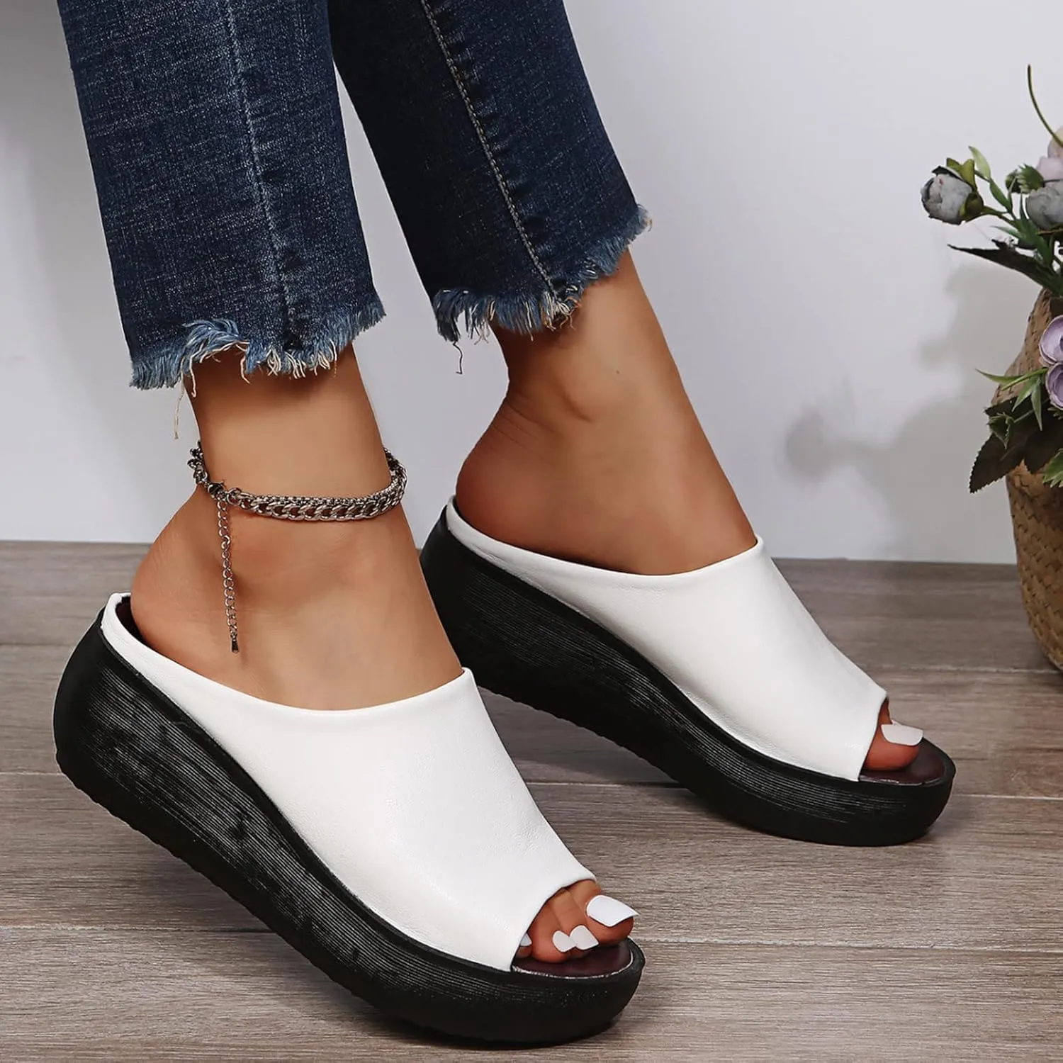 Women's Orthopedic Sandals 2025 Orthotic Leather Wedges Slides Open Toe Soft Sole Casual Slip On Platform Wedges Slippers with Arch Support Comfortable Beach Casual Fashion Shoes
