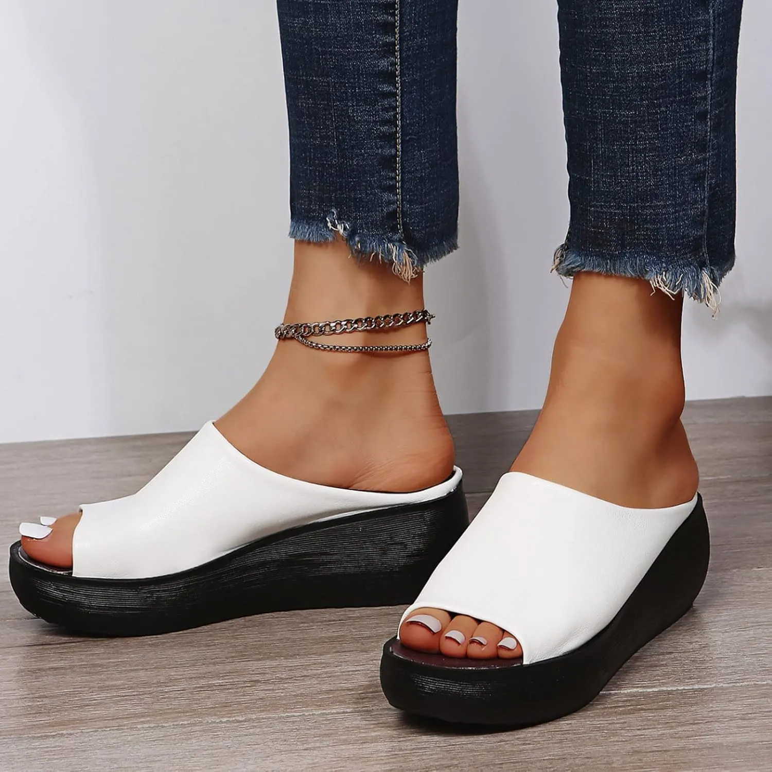 Women's Orthopedic Sandals 2025 Orthotic Leather Wedges Slides Open Toe Soft Sole Casual Slip On Platform Wedges Slippers with Arch Support Comfortable Beach Casual Fashion Shoes