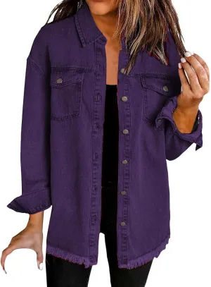 Women's Oversized Denim Jacket Lightweight Casual Long Sleeve Button Shirts Distressed Jean Jacket 2025 Fall Outfits