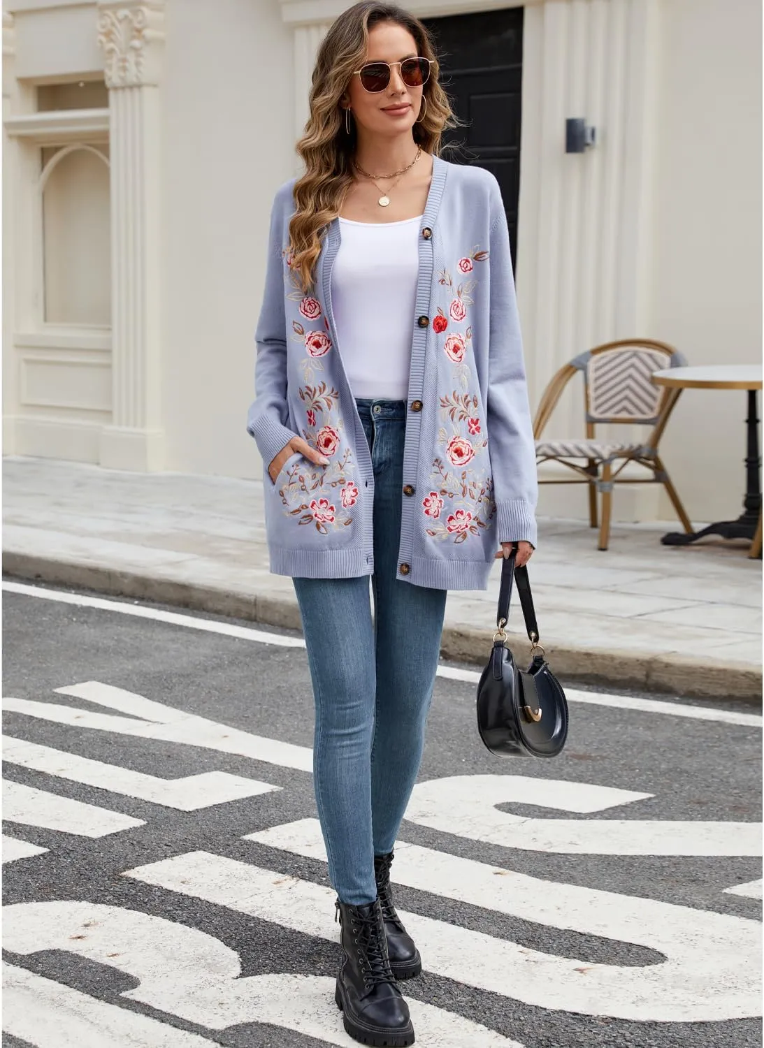 Women's Oversized Open Front Cardigan Sweaters Embroidery Fashion Button Down Knit Outwear Coats with Pockets