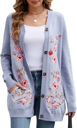 Women's Oversized Open Front Cardigan Sweaters Embroidery Fashion Button Down Knit Outwear Coats with Pockets