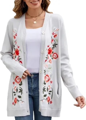 Women's Oversized Open Front Cardigan Sweaters Embroidery Fashion Button Down Knit Outwear Coats with Pockets