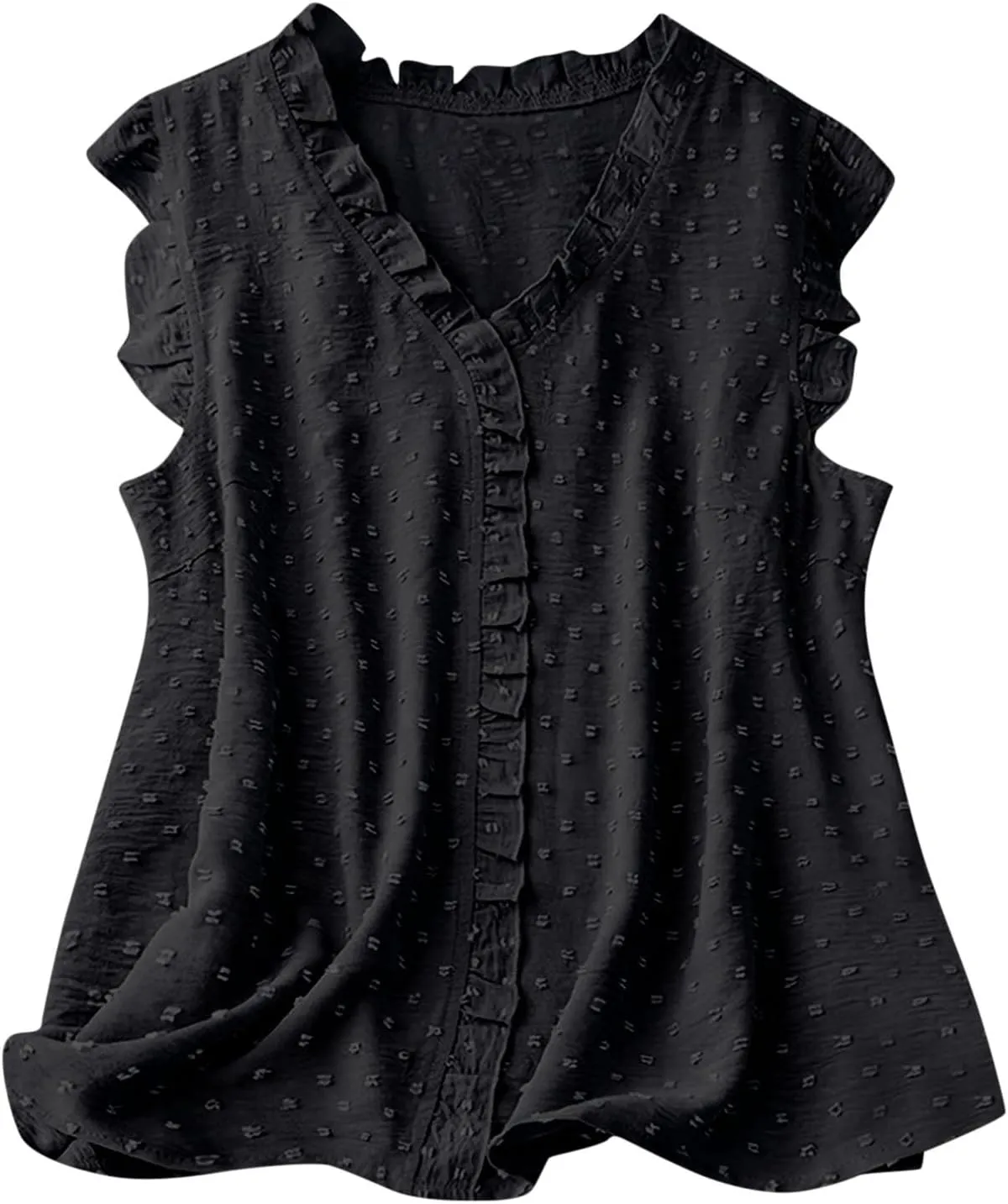 Women's Petal Sleeveless Solid Tank Ruffle Trim Loose Fit Camisole V Neck Top Pompom Embellished Shirt
