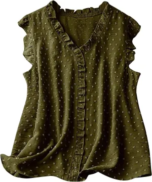 Women's Petal Sleeveless Solid Tank Ruffle Trim Loose Fit Camisole V Neck Top Pompom Embellished Shirt
