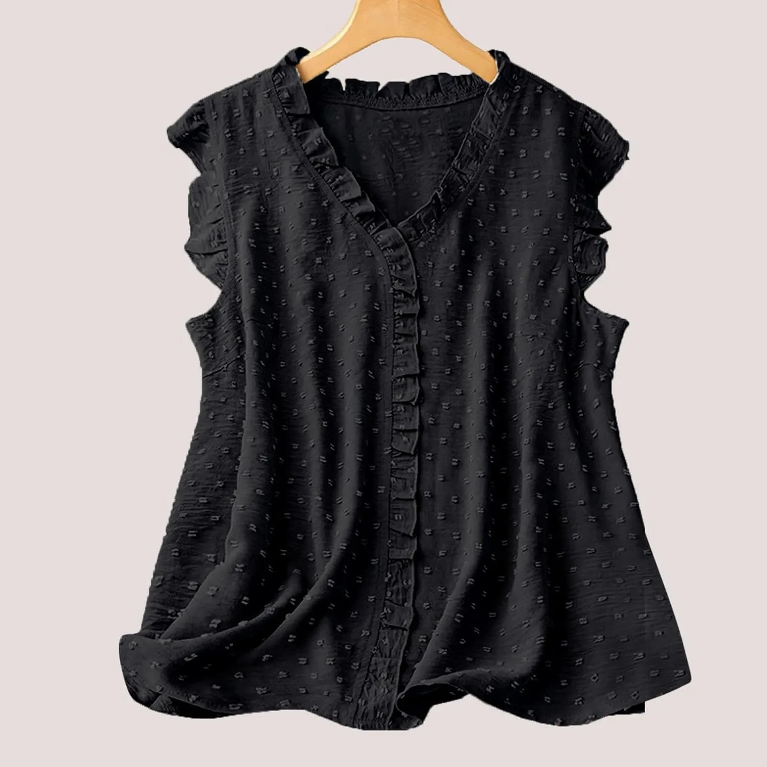 Women's Petal Sleeveless Solid Tank Ruffle Trim Loose Fit Camisole V Neck Top Pompom Embellished Shirt