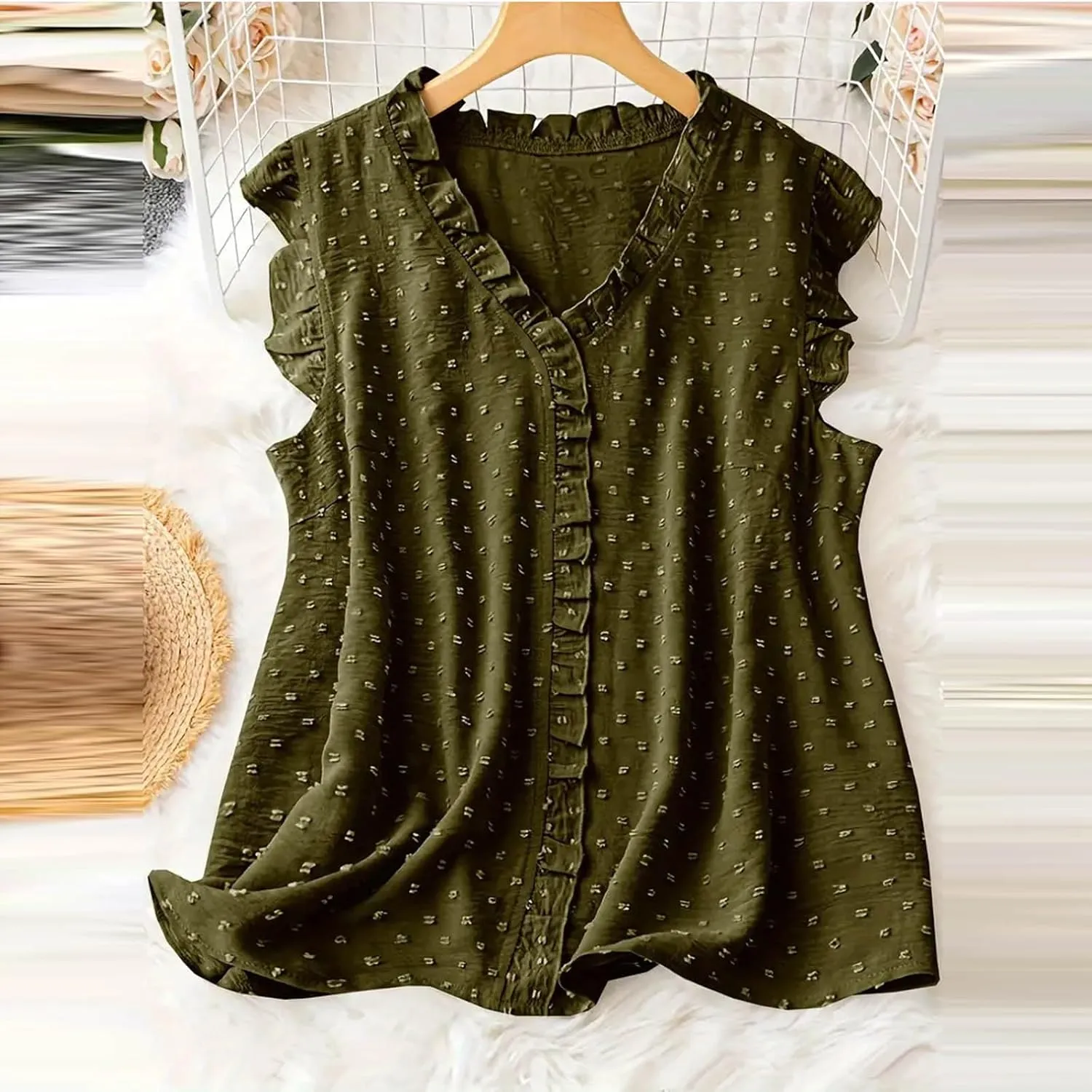 Women's Petal Sleeveless Solid Tank Ruffle Trim Loose Fit Camisole V Neck Top Pompom Embellished Shirt