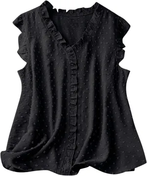 Women's Petal Sleeveless Solid Tank Ruffle Trim Loose Fit Camisole V Neck Top Pompom Embellished Shirt