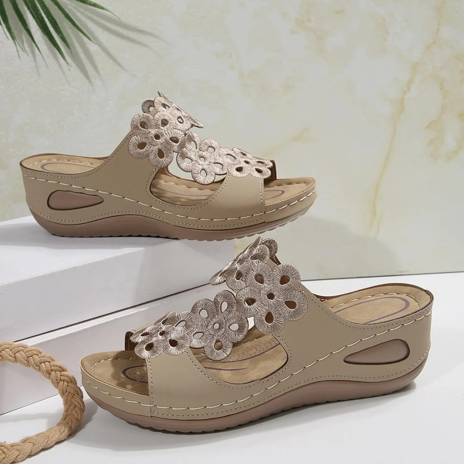 Women's Platform & Wedge Sandals Arch Support Orthopedic Sandals Hollow Out Flower Two Strap Wedges, Comfortable Slip On Walking Slippers Open Toe Casual Beach Platform Shoes