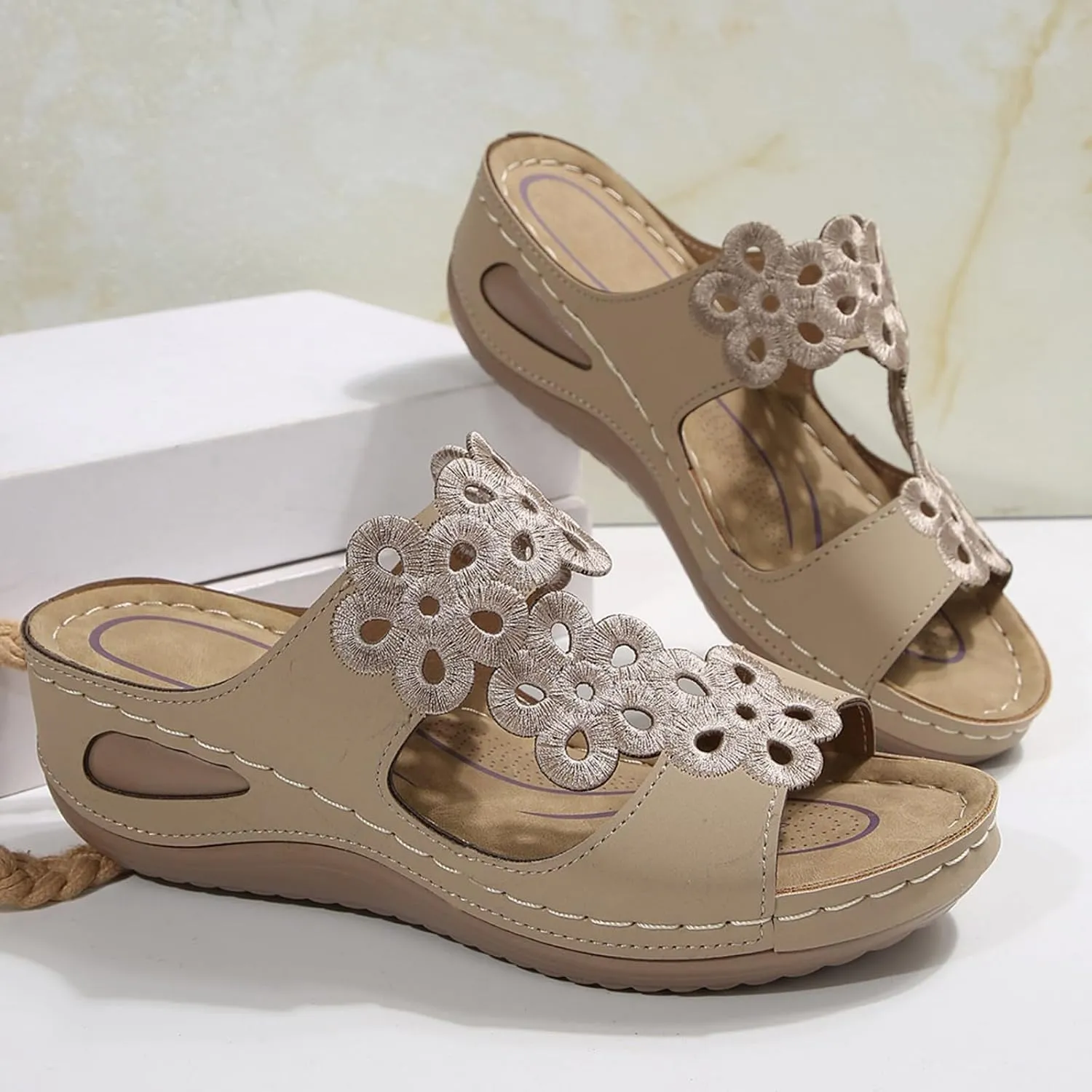 Women's Platform & Wedge Sandals Arch Support Orthopedic Sandals Hollow Out Flower Two Strap Wedges, Comfortable Slip On Walking Slippers Open Toe Casual Beach Platform Shoes