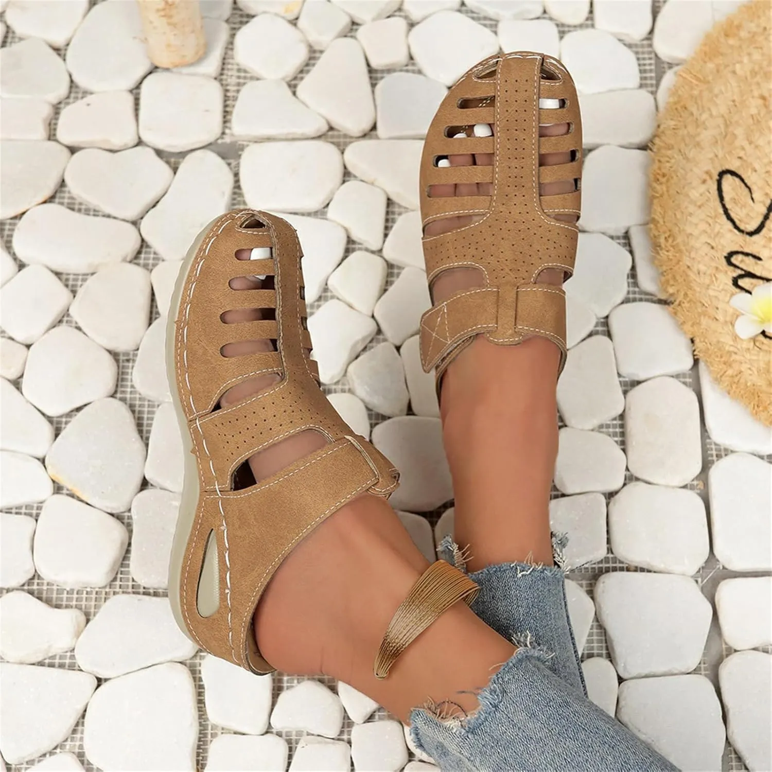 Women's Platform Slippers Sandals for Women Summer Comfortable Lightweight Wedge Sandals Solid Round Head Closed Toe Hollow Out Breathable Slip-on Casual Shoes