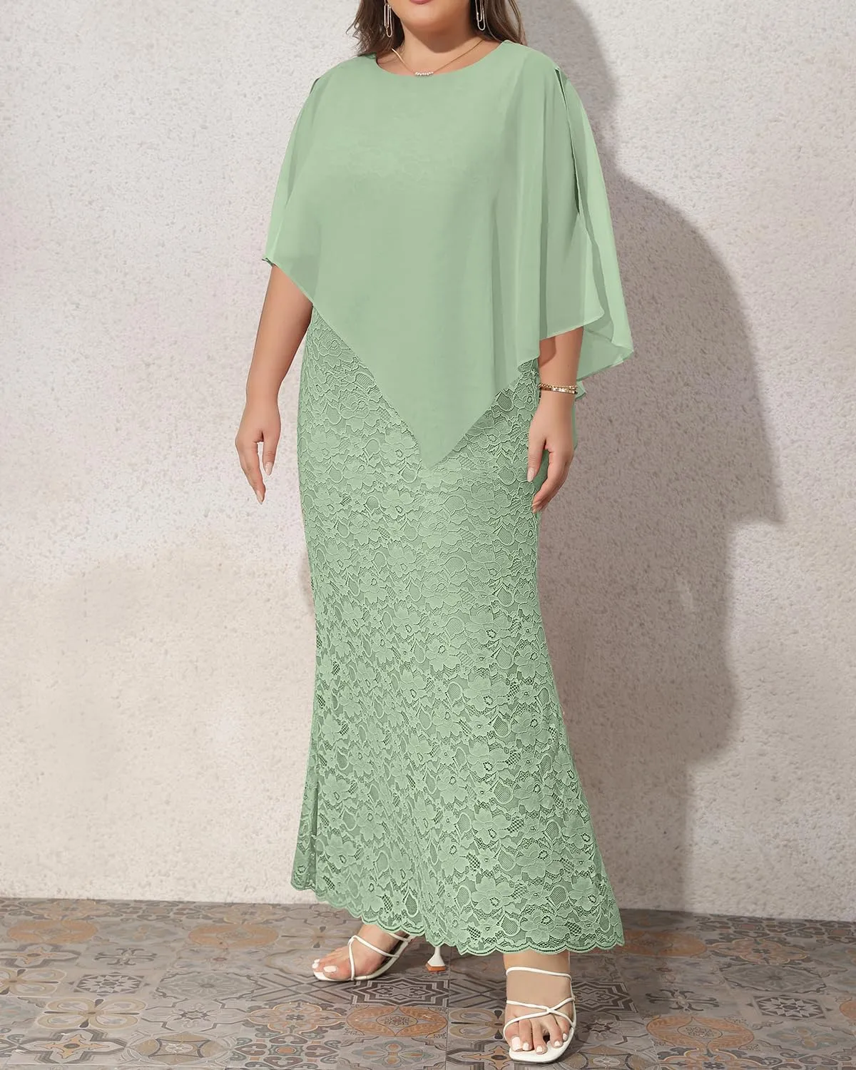 Women's Plus Size Cape Dress with Chiffon Overlay Gown Formal Evening Lace Long Mermaid Dresses 2025