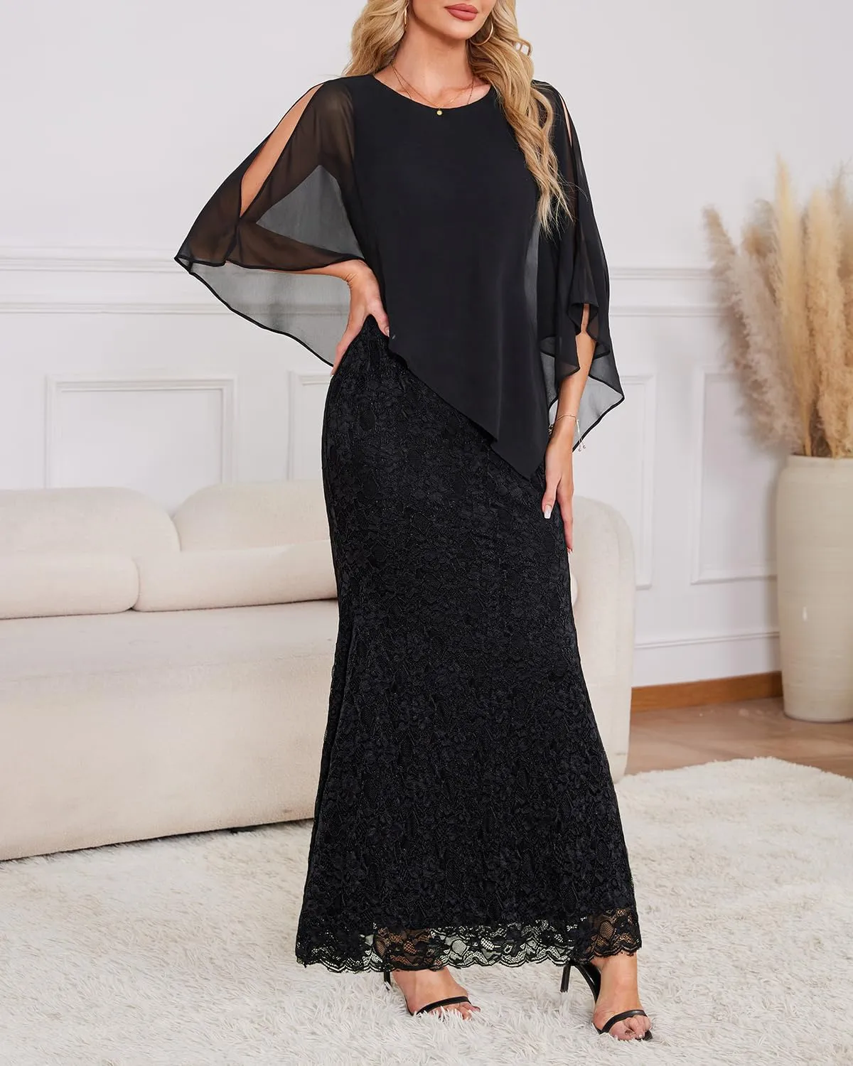 Women's Plus Size Cape Dress with Chiffon Overlay Gown Formal Evening Lace Long Mermaid Dresses 2025