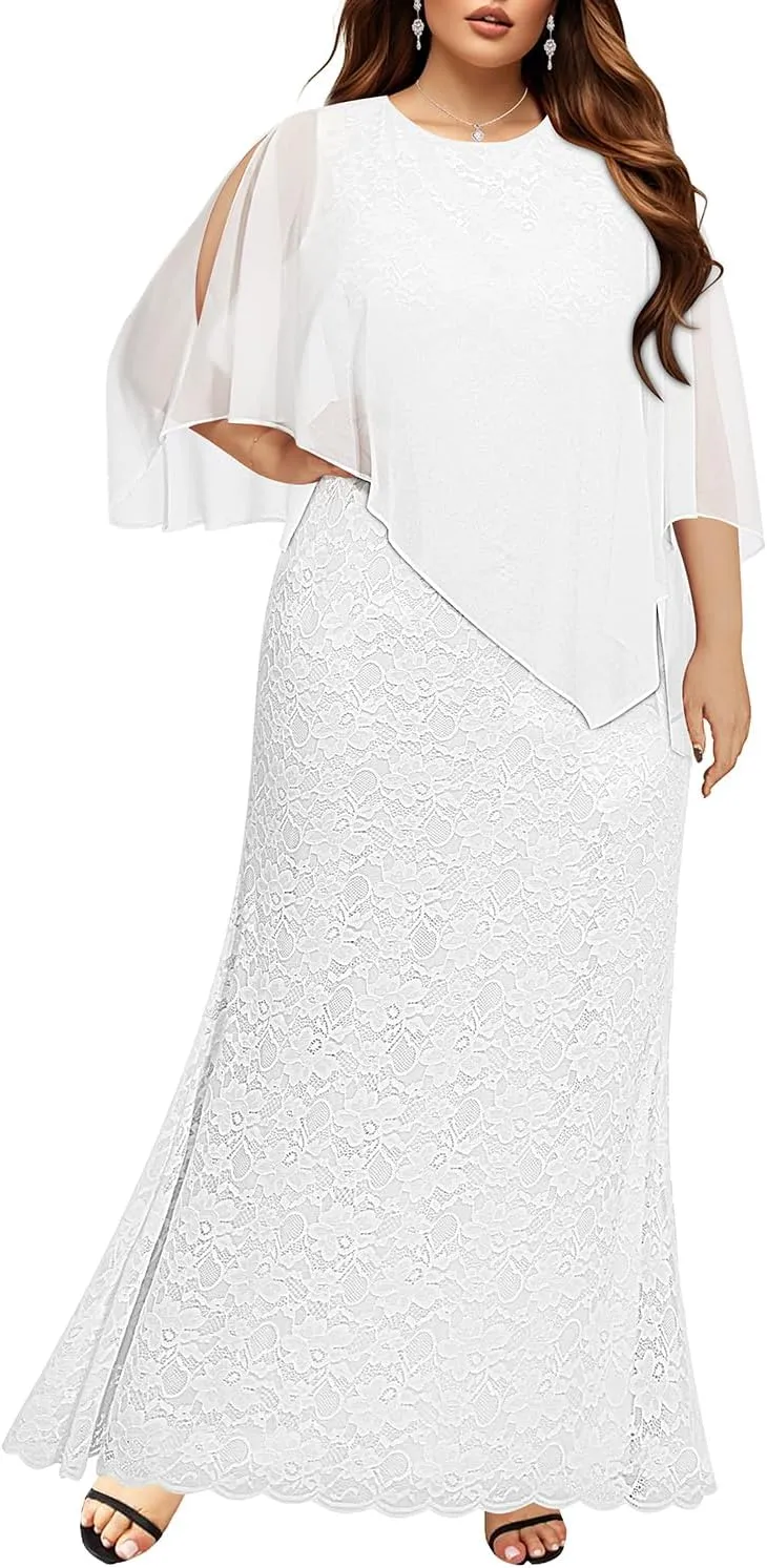 Women's Plus Size Cape Dress with Chiffon Overlay Gown Formal Evening Lace Long Mermaid Dresses 2025