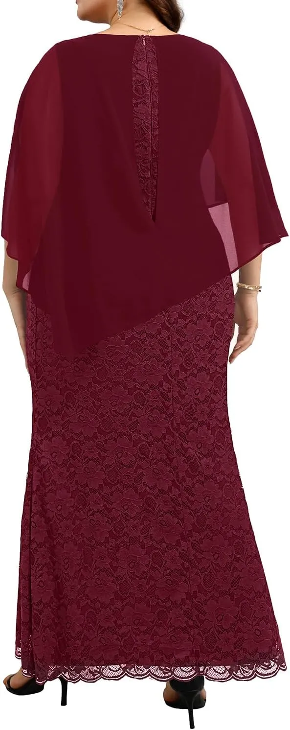 Women's Plus Size Cape Dress with Chiffon Overlay Gown Formal Evening Lace Long Mermaid Dresses 2025