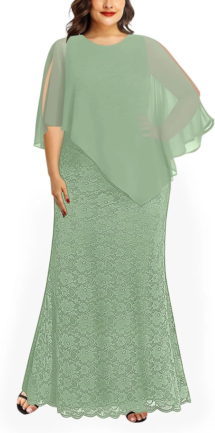 Women's Plus Size Cape Dress with Chiffon Overlay Gown Formal Evening Lace Long Mermaid Dresses 2025
