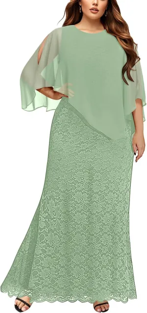 Women's Plus Size Cape Dress with Chiffon Overlay Gown Formal Evening Lace Long Mermaid Dresses 2025