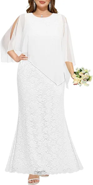 Women's Plus Size Cape Dress with Chiffon Overlay Gown Formal Evening Lace Long Mermaid Dresses 2025
